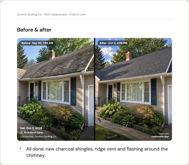 The job PDF's before and after page: the same house before, Sep 30 at 7:55 AM, with a mossy roof, and after, Oct 3 at 4:55 PM, with new charcoal shingles, stamped Sat, Oct 3, 2026, At 14 Birch Lane, Luis and Kai, Summit Roofing Co., Taken with usehandle.app, and the words All done: new charcoal shingles, ridge vent and flashing around the chimney.