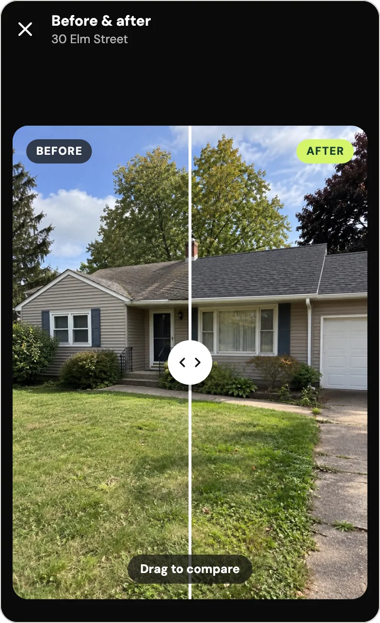 A house at 30 Elm Street in Handle's Before & after screen, split by a drag line: on the left, marked Before, an old mossy roof; on the right, marked After, new charcoal shingles, both from the same spot on the front lawn. The house photos are samples from Handle's fictional example crew, not a real job.