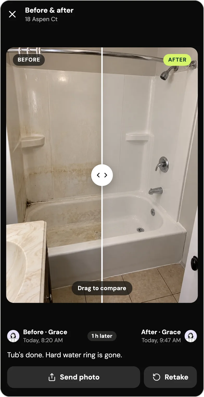 Handle's Before & after screen for 18 Aspen Ct: a bathtub split by a drag-to-compare line, rust stains and a hard water ring on the left side marked Before, the clean tub on the right marked After. Below: Before by Grace, today 8:20 AM; After by Grace, today 9:47 AM; 1 h later; the caption Tub's done. Hard water ring is gone.; buttons Send photo and Retake. The tub photos are samples from Handle's fictional example crew, not a real job.