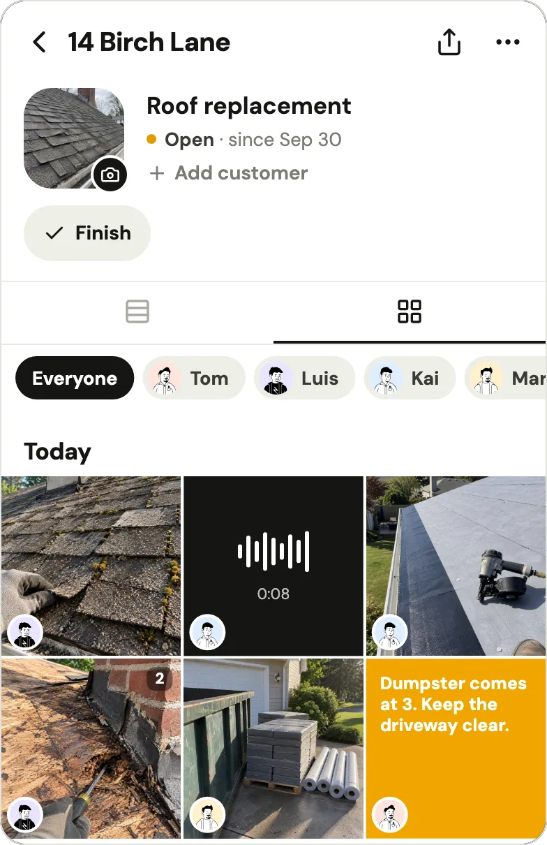 Handle's job page for 14 Birch Lane, a roof replacement for a fictional example crew, open since Sep 30, in the grid view: today's photos of mossy shingles, new underlayment, rot by a chimney and a material delivery, an 8-second voice note, and the note 'Dumpster comes at 3. Keep the driveway clear.', each with the face of the crew member who added it, below filters for Everyone, Tom, Luis, Kai and more