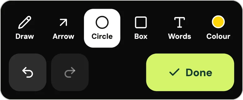 Handle's markup tools under a photo: Draw, Arrow, Circle (selected), Box, Words and a color button labeled Colour (yellow), with undo, redo and a Done button.