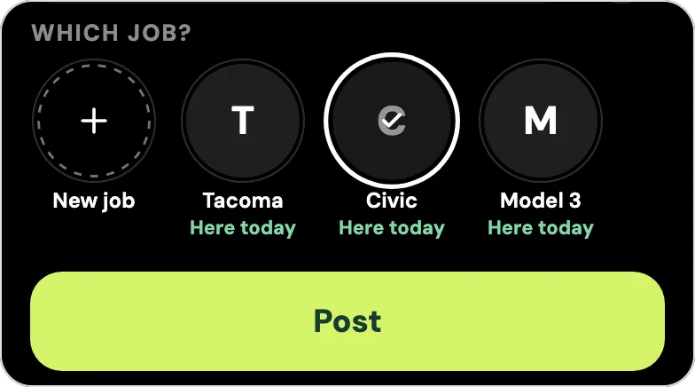 Handle asking which job after photos in a shop: WHICH JOB? with New job, Tacoma, Civic (picked) and Model 3, each labeled Here today, and a Post button. The shop and cars are Handle's fictional example crew.