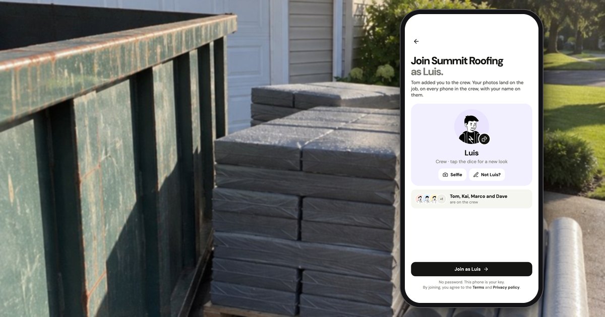 Illustration: an iPhone showing Handle's join screen, "Join Summit Roofing as Luis", in front of a shingle delivery at a house. The crew and the scene are fictional samples.