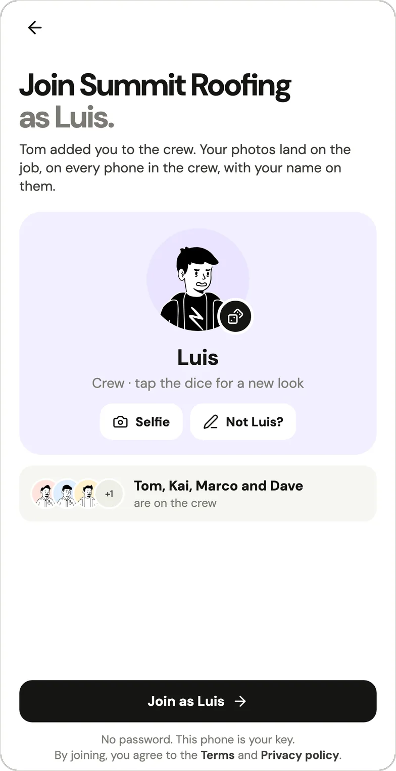 Handle's join screen on a crew member's iPhone: "Join Summit Roofing as Luis", with the line "No password. This phone is your key." Summit Roofing is a fictional example crew.