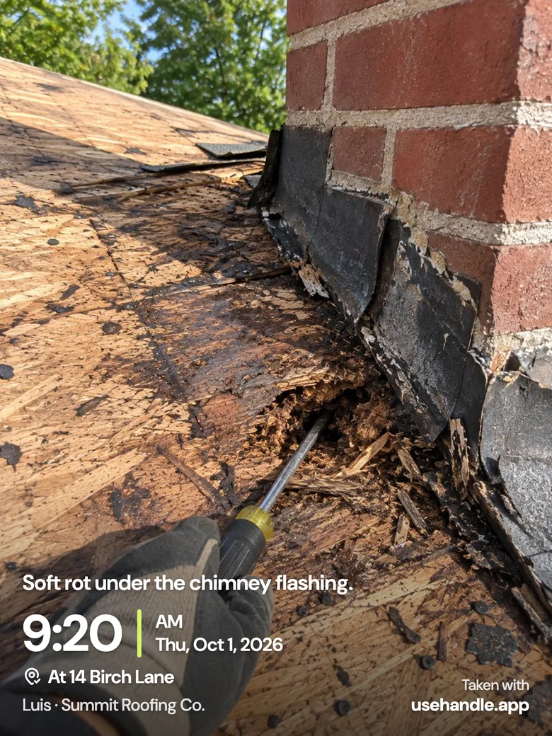 A sent photo as the homeowner receives it: crumbling decking under chimney flashing with a screwdriver pushed into it, and written along the bottom Soft rot under the chimney flashing., 9:20 AM, Thu, Oct 1, 2026, At 14 Birch Lane, Luis · Summit Roofing Co., and in the corner Taken with usehandle.app. The photo is a sample from Handle's fictional example crew, not a real job.