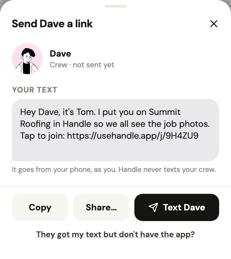 The sheet for sending Dave his link, with the text and the Copy, Share and Text Dave buttons.