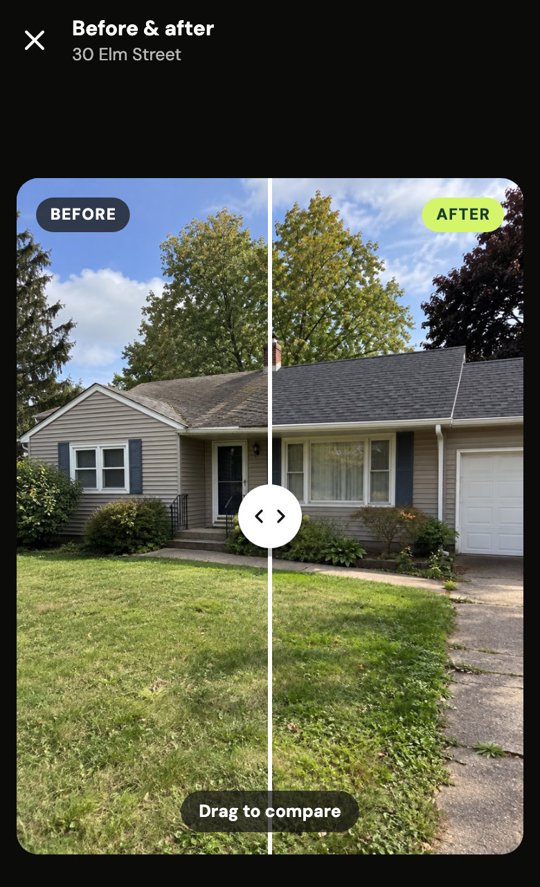 A before and after of a roof, with a line in the middle to drag and compare.