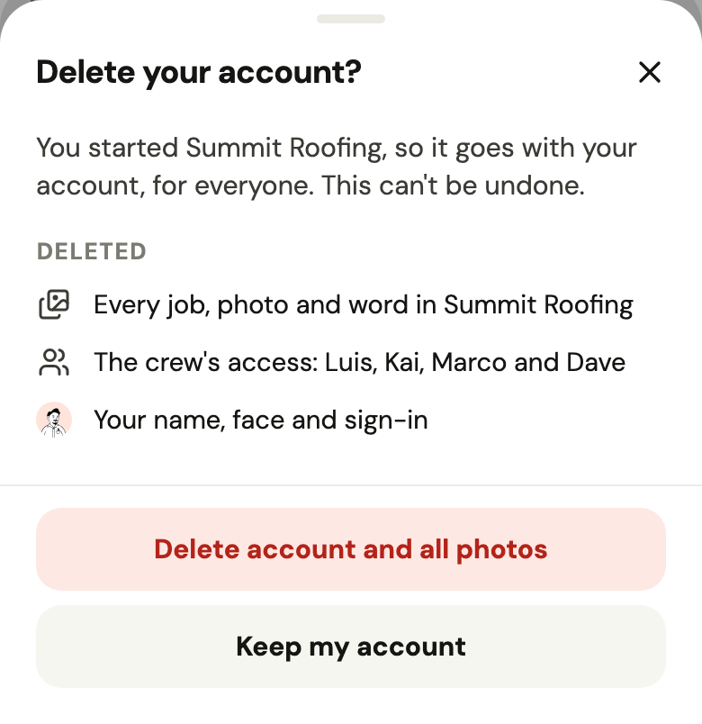 The Delete your account sheet: what's deleted and what stays.