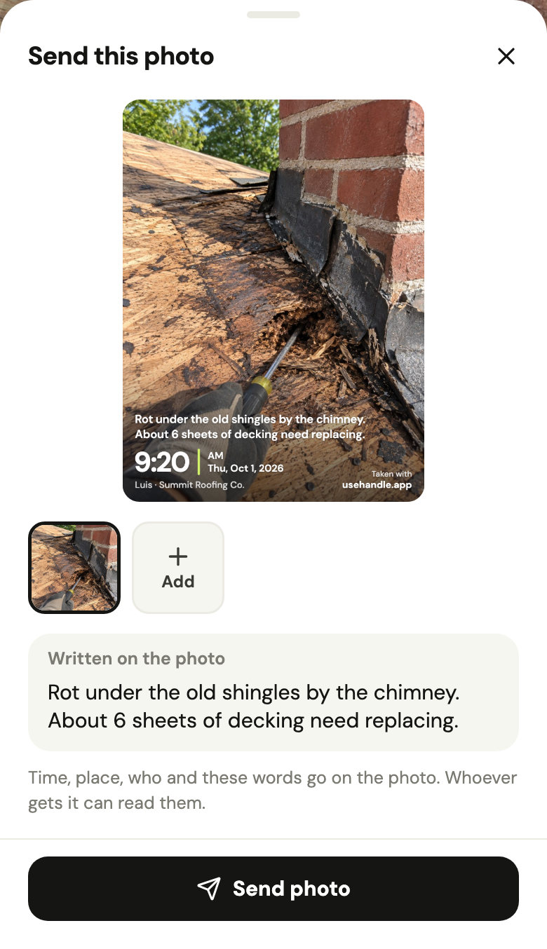 The Send this photo sheet, with the words to write on the photo and the Send photo button.
